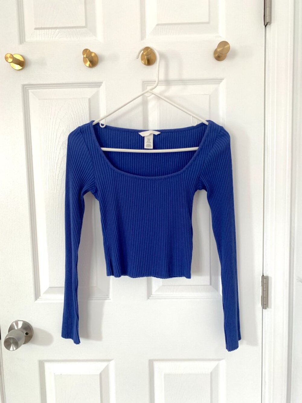 H&M Cobalt Blue Ribbed Long Sleeve Scoop Neck Crop Top XS